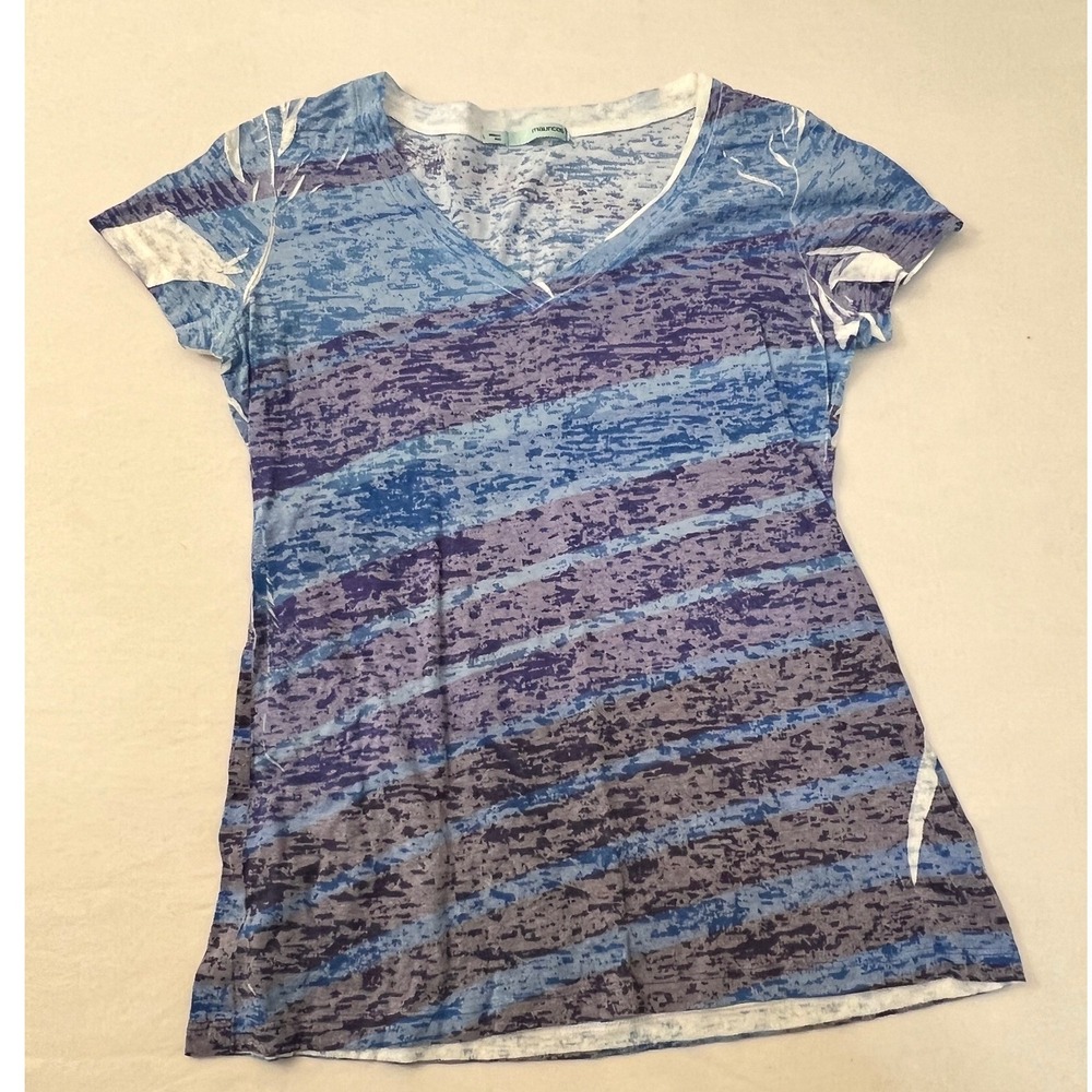 Maurices Womens Blue Purple Burnout Striped V-Neck Short Sleeve Tee Size L